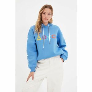 Trendyol Blue Printed Hooded Loose Pattern Raised Knitted Sweatshirt kép