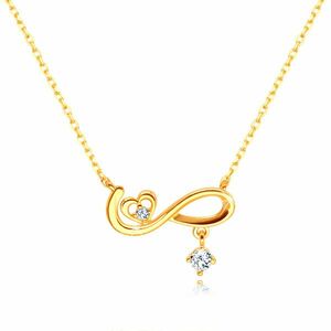 14K arany nyaklánc – végtelenség szimbólum, szimmetrikus szív, egy átlátszó cirkónia kép