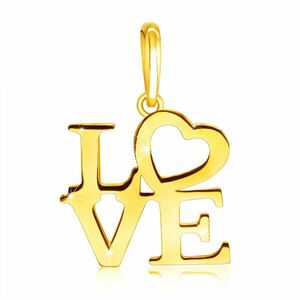 14K sárga arany medál - "LOVE" felirat nagybetűkkel, szív az O betű helyén. kép