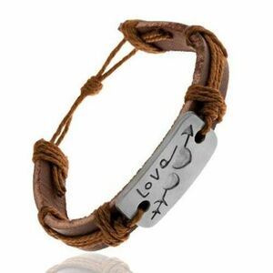 Brown leather bracelet with strings, a rectangle with carved hearts, Love kép