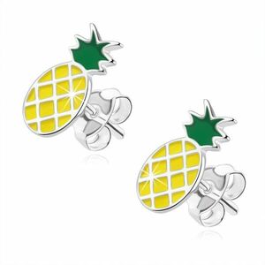 925 Ezüst fülbevaló – sárga ananász, zöld szár, stekkerzárral kép