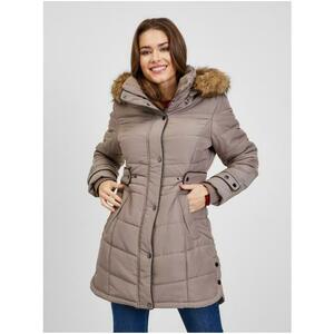 Barna női steppelt téli kabát levehető kapucnival szőrmével 34 kép