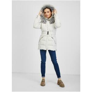 Krémszínű női téli steppelt kabát övvel kép