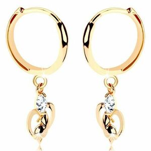 Briliáns 585 arany fülbevaló - fényes karika függő gyémánttal és szívekkel kép