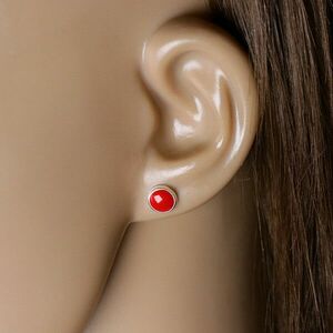 925 Ezüst fülbevaló - piros mázzal, kerek keretben, stekker zárral kép