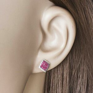 925 Ezüst fülbevaló - fényes négyzet, rózsaszínű cirkóniával díszítve, stekker zár kép