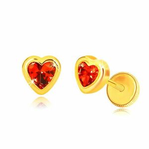 14K sárga arany fülbevaló - piros cirkónia, sima szív alakú foglalat, stekker zár kép