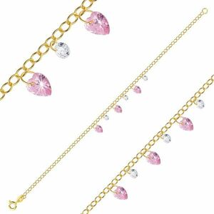 925 ezüst karkötő - arany színű, szív alakú cirkónia, rózsaszínű színben, kerek átlátszó cirkóniával kép