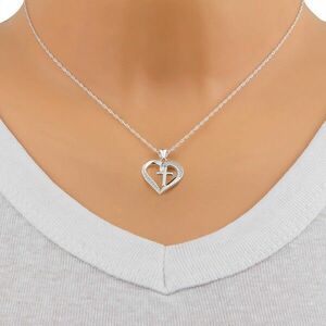 925 Ezüst nyaklánc – szív körvonal cirkóniákkal, latin kereszt kép