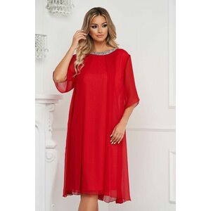 Elegáns ruha muszlin piros bő szabású midi strasszos kiegészítővel kép