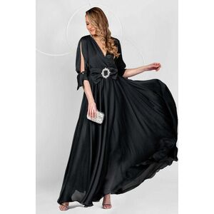 Fekete muszlin harang alakú átlapolt ruha gumirozott derékrésszel kép