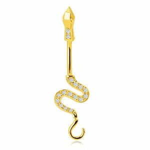 Köldökpiercing 9K aranyból – fényes hullámos kígyó, csillogó cirkóniákkal díszített farok kép