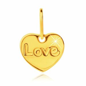 9K sárga arany medál - lapos szimmetrikus szív gravírozott felirattal Love, tükörsima fényű kép