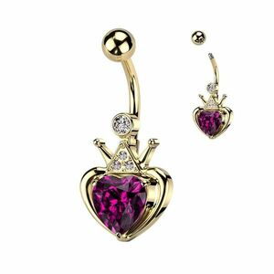 Acél köldök piercing - szív rózsaszín kristállyal és koronával kép
