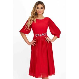 Piros ruha - StarShinerS midi harang rakott, pliszírozott muszlin virágos hímzés kép