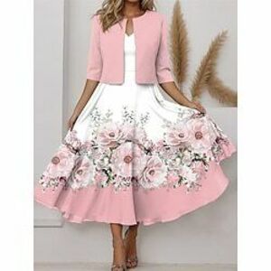Női Kétrészes ruhakészlet hétköznapi ruha Sifon ruhák Swing ruha Randi Elegáns Nyomtatott Midi ruha V-alakú Féhosszú Virágos Normál Arcpír rózsaszín Tavasz S M L XL XXL Lightinthebox kép