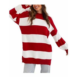 piros-fehér csíkos hosszú pulóver kép