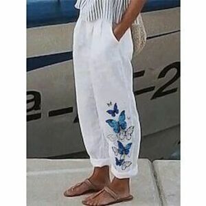 Női Vászon nadrág Len / pamut keverék Pillangó Fehér Rubin Alkalmi Teljes hossz Napi Utcai öltözék Nyár Tavasz Lightinthebox kép