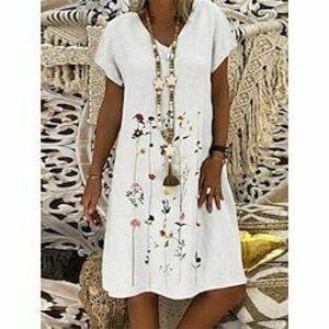 Női hétköznapi ruha Pamut vászon ruha Midi ruha Hímzett Napi V-alakú Rövid ujjú Nyár Tavasz Fehér Medence Virágos Lightinthebox kép