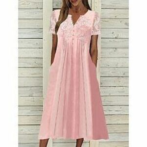 Női Csipkeruha hétköznapi ruha nyári ruha Midi ruha Csipke Kollázs Napi Randi Elegáns Divat V-alakú Rövid ujjú Arcpír rózsaszín Szín Lightinthebox kép