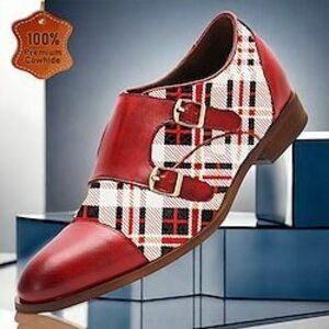 Férfi Szerzetes cipő Bullock cipő Bőr Olasz teljes kiőrlésű marhabőr Csúszásmentes Tépőzár Fém csat Piros Lightinthebox kép