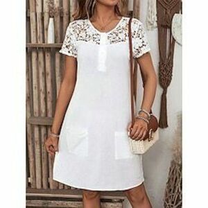 női alkalmi ruha mini ruha csipkezseb elegáns legénynyak fehér színű Lightinthebox kép