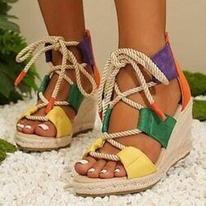 női stílusos színes blokk szandál fűzős platform üreges vakációs cipő kukucskáló espadrill ék cipő Lightinthebox kép