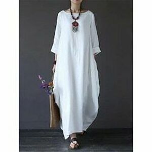 Női Fehér ruha Vászon ruha Pamut nyári ruha Maxiruha Zseb Alkalmi Napi Terített nyak Háromnegyedes Nyár Tavasz Fekete Fehér Sima Lightinthebox kép