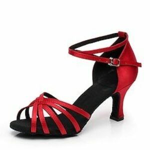 Női Latin cipő Báli Salsa Cipő Vonal tánc Otthoni Gyakorlat Professzionális Szatén Alap Magassarkúk Egyszínű Kúpsarok Fém csat Kereszt szíj Mandula Piros Fekete Lightinthebox kép