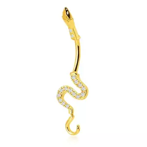 Köldökpiercing 14K aranyból – fényes hullámos kígyó, csillogó cirkóniákkal díszített farok kép