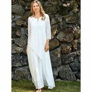 Női Fehér ruha hétköznapi ruha Pamut vászon ruha Maxi hosszú ruha Gomb Többrétegű Alap Alkalmi Napi Randi Terített nyak Háromnegyedes Nyár Tavasz Fehér Sima Lightinthebox kép