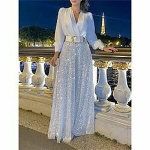 női jumpsuit csillogó flitter egyszínű v nyak elegáns esküvői party normál szabású hosszú ujjú fekete fehér s m l ősz Lightinthebox kép