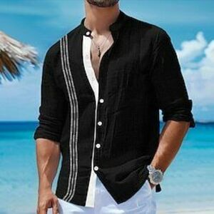 Férfi Ing vászon ing Guayabera ing Nyári póló Strandruházat Gombos póló Fekete Fehér Arcpír rózsaszín Medence Hosszú ujj Sima Álló gallér Tavaszi nyár Hétköznapi Napi Ruházat Lightinthebox kép