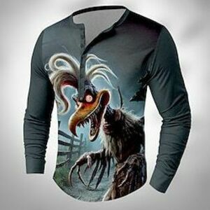 Madár Napi Henley Férfi 3D nyomtatás Póló Utca Fesztivál Mindszentek napja póló Sötétzöld Hosszú ujj Henley Ing Nyár Tavasz Ruházat Szabályos S M L XL XXL XXXL Lightinthebox kép