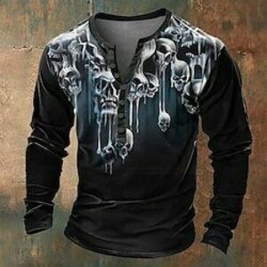 Koponya Szabadság Divat Napi Férfi 3D nyomtatás Henley ing Szabadság Mindszentek napja póló Fekete Hosszú ujj Henley Ing Nyár Tavasz Ősz Ruházat Szabályos S M L XL XXL XXXL Lightinthebox kép