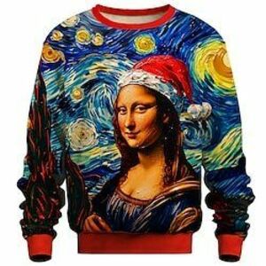 Mikulás Mona Lisa Férfi Szabadság 3D nyomtatás Pulóver Parti Karácsony Szabadság Újév Karácsony Pulóverek Medence Terített nyak Crewneck 3D nyomtatás 3D Tél Tavasz Ősz Tervező Kapucnis pulóver Lightinthebox kép