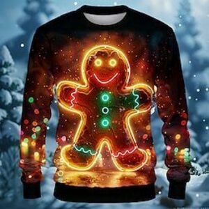 mézeskalácsfigura Férfi Szabadság 3D nyomtatás Pulóver Parti Karácsony Szabadság Újév Karácsony Pulóverek Barna Terített nyak Crewneck 3D nyomtatás 3D Tél Tavasz Ősz Tervező Kapucnis pulóver Lightinthebox kép