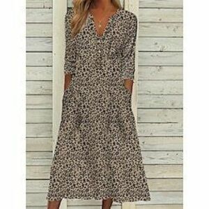 Női Extra méret Ív Kötött ruha Leopárd Hosszú ruha Maxi ruha Hosszú ujj Gomb V-alakú Klasszikus Iroda Barna Világosszürke Ősz XL 2XL 3XL 4 XL 5 XL Lightinthebox kép