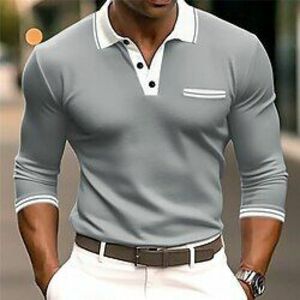 Férfi POLO trikó Button Up Polos Hétköznapi Szabadság Hajtóka Hosszú ujj Divat Alap Színes Kollázs Nyár Normál Tengerészkék Stétszürke Fehér Burgundi vörös Szürke POLO trikó Lightinthebox kép