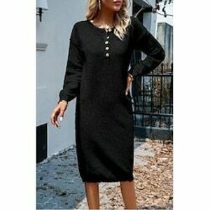 Női Munkaruha Fekete ruha Elegáns Karácsony Napi Hosszú ruha Maxi ruha Gomb Terített nyak Hosszú ujj Sima Laza öltözet Fekete Fehér Tavasz Ősz S M L XL Lightinthebox kép