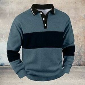 Férfi Csíkos POLO trikó Pullover Rugby Polo Hosszú ujj Pólóingek Gallér Szüret Alkalmi Szabadtéri Utca Hétköznapi Gomb 3D nyomtatás Gesztenyebarna Fekete Medence Lightinthebox kép