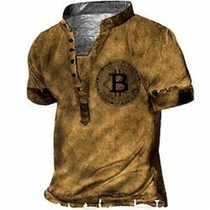 Férfi Grafika Bitcoin Póló Henley ing Pólók Rövid ujjú póló 3D nyomtatás Állógallér Ing Dizájn Alap Alkalmi Szabadtéri Napi Sport Barna Nyár Ruházat Extra méret S M L XL XXL 3XL Lightinthebox kép