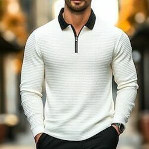 Férfi Gofris pólóing Quarter Zip Polo Szabadtéri Hétköznapi Negyed irányítószám Hosszú ujj Divat Modern Tömör szín Kötött Tavasz Ősz Standard Fehér Gofris pólóing Lightinthebox kép