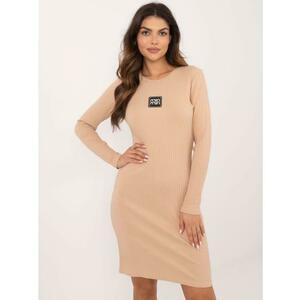 Camel színű, széles csíkos bodycon ruha kép