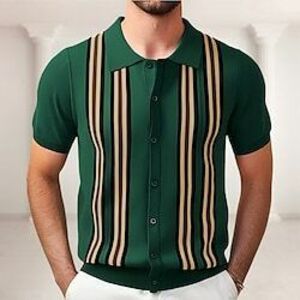 Férfi Button Up Polos Golfing Hétköznapi Sport Hajtóka Rövid ujjú Divat Alap Csík Kollázs Gombok Nyár Barna Lóhere Sárgabarack Button Up Polos Lightinthebox kép