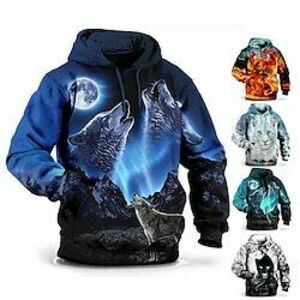 Férfi Farkas 3D nyomtatás Kapucnis felsőrész Pulóver Hoodie pulóver Kapucnis felsők Hosszú ujj Kapucnis pulóver Kapucni Divat Munka Hétköznapi viselet Vakáció Szürkészöld Fekete és fehér Zseb Tavasz Lightinthebox kép