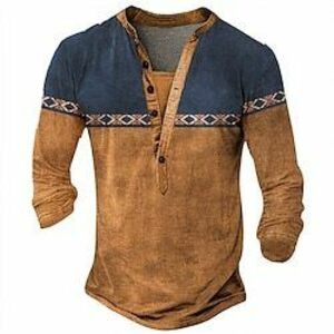 Férfi Törzsi Póló Henley ing Hosszú ujj 3D nyomtatás Dizájn Retró Utca Hétköznapi Napi Nyár Tavasz Ősz Sötétbarna Fekete Medence Barna Lóhere Henley Henley póló Lightinthebox kép