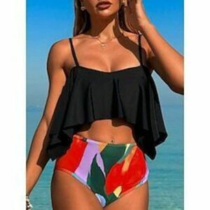 Női Fürdőruha Bikini 2 darab Bugyik Fürdőruha Nyitott hátú Vékony Magas derekú Szabadság Strandruházat Grafika V-alakú Rövid ujjú Fürdőruhák Lightinthebox kép