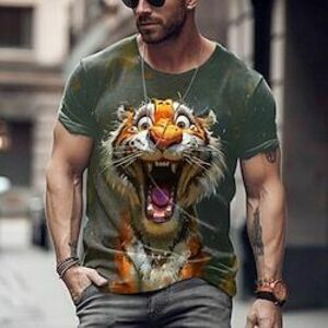 Férfi Tigris Vicces Póló Rövid ujjú póló 3D nyomtatás Terített nyak Ing Túlzott Dizájn Parti Szabadság Sötétzöld Nyár Tavasz Ruházat S M L XL XXL XXXL Lightinthebox kép