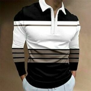 Férfi Csíkos Cipzáras pólóingek Golfing Hosszú ujj Pólóingek Galléros ingek Üzleti alkalmi Munkaruha Ünnepi viselet Fesztivál viselet 3D nyomtatás Quarter Zip Polo Fekete Fehér Khakizöld Lightinthebox kép